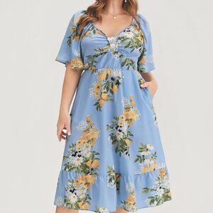 Floral Fruit Blue Plus-Size Dress with Ruffle Hem - Size 14-16